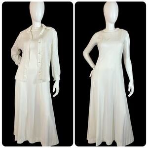 1970s Vintage White Knit Dress & Jacket Set – Sleeveless Maxi + Sheer Cardigan